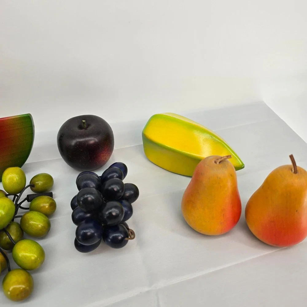 Vintage Hand Painted Wooden Fruit Set 8pc Watermelon Grapes Apple Pear Starfruit